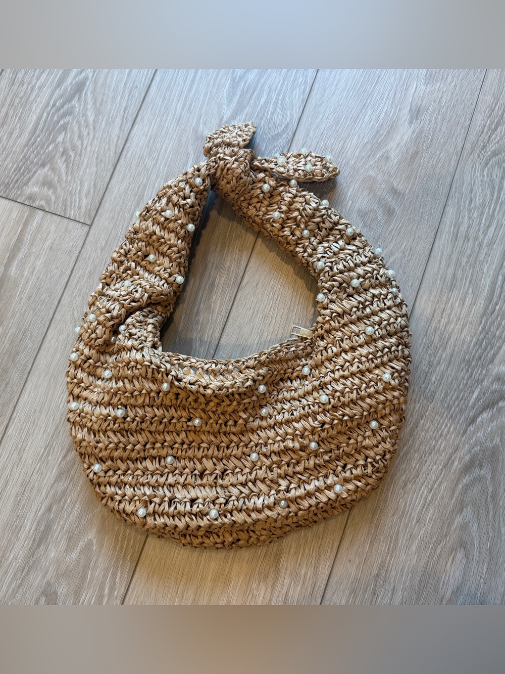 Haute Hippie Women’s Brown/Tan Woven Straw Pearl Hobo Bag Handbag Bow OS - Picture 3 of 7
